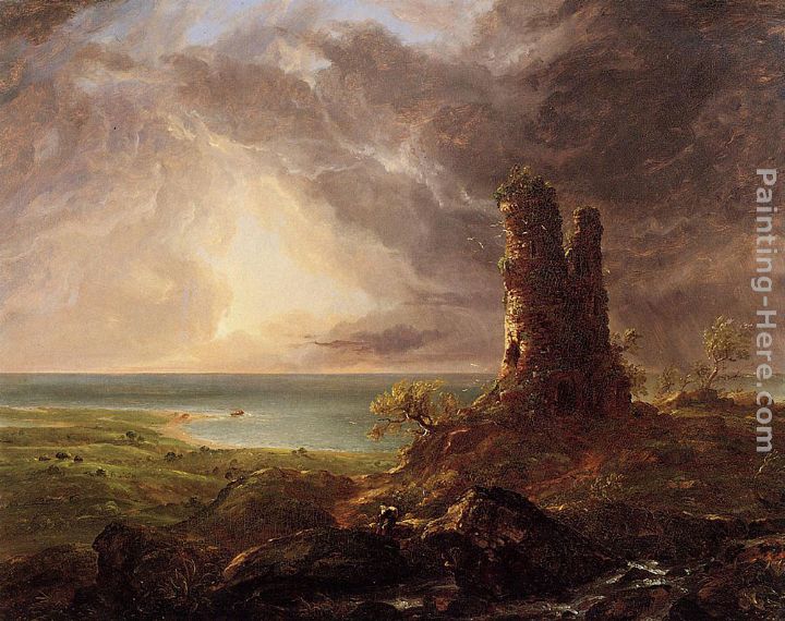 Romantic Landscape with Ruined Tower painting - Thomas Cole Romantic Landscape with Ruined Tower art painting